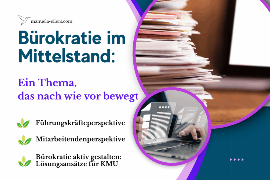 Bürokratie im Mittelstand: Ein Thema, das nach wie vor bewegt. Das Bild zeigt Papierstapel und ein Laptop