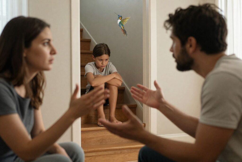 Dieses Bild zeigt: eine häusliche Situation im Kinder und Jugendcoaching, in der sich zwei junge Eltern streiten. Im Hintergrund sitzt ein trauriges Kind auf der Treppe (Bildquelle: Ki generiert).